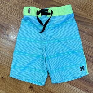 Hurley Kids Aqua and Lime Striped Board Shorts (Size 7)